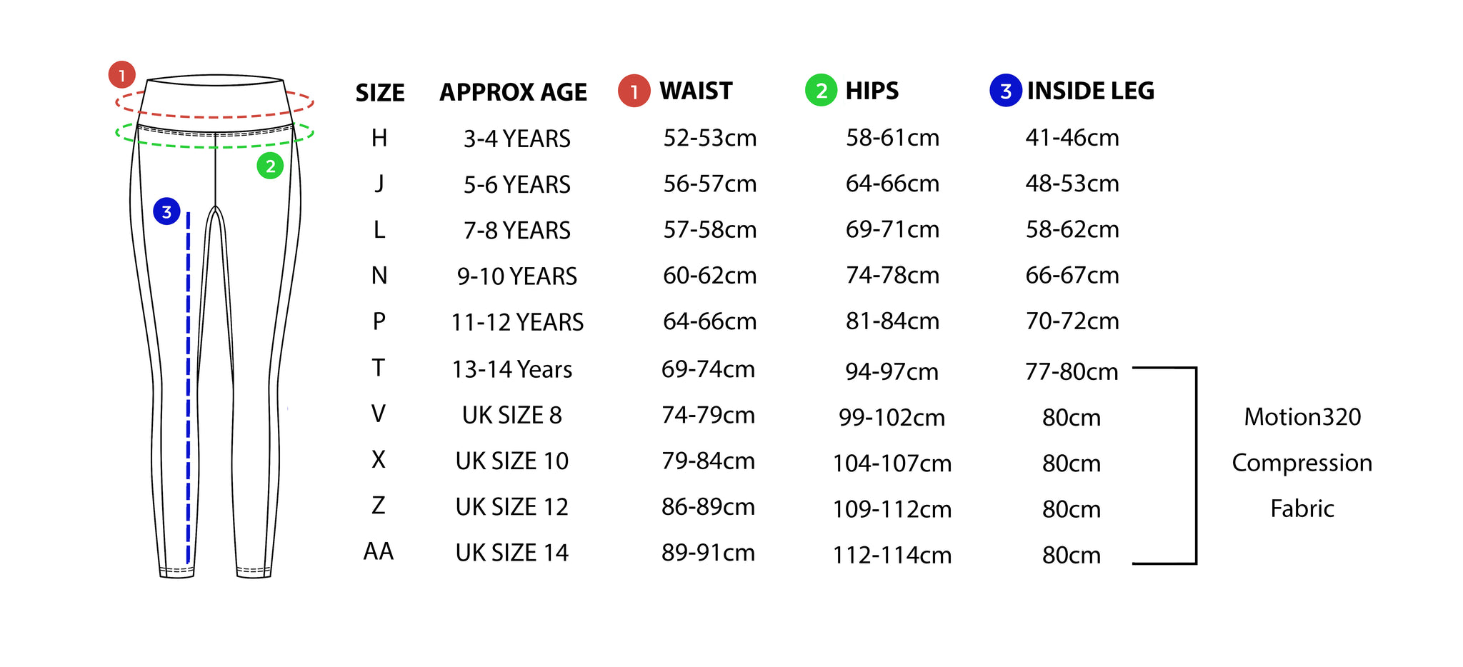 Gyphon Gymnastics Club Leggings Detailed Size Guide