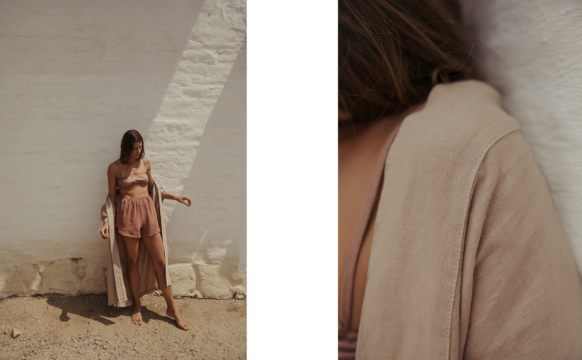 THE HOUSE TOP, Classic Silk Noil, Sand/THE MAE SHORT, Sueded Cupro, Sand/THE ROBE JACKET, Classic Linen, Dusk