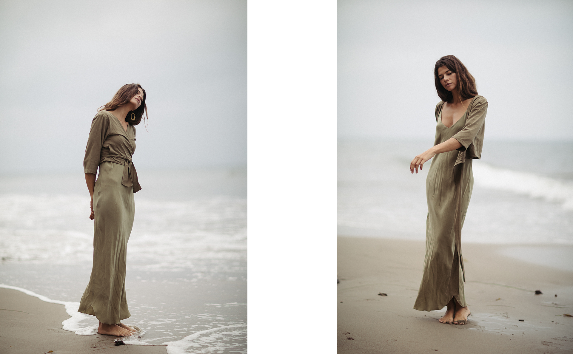 THE CROSSOVER WRAP TOP, Classic Silk Noil, Olive/THE BIAS SLIPDRESS, Sueded Cupro, Avocado