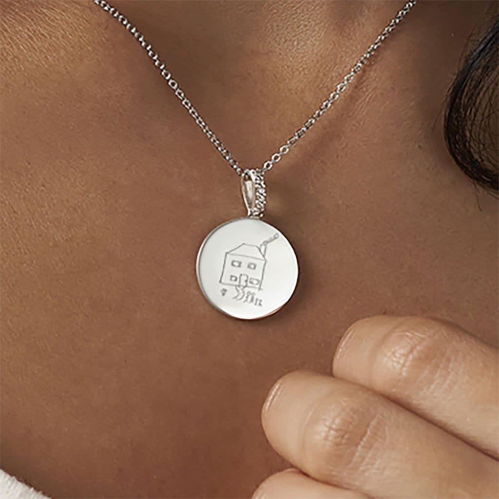Engraved Round Memorial Drawing Pendant with Fine Crystals