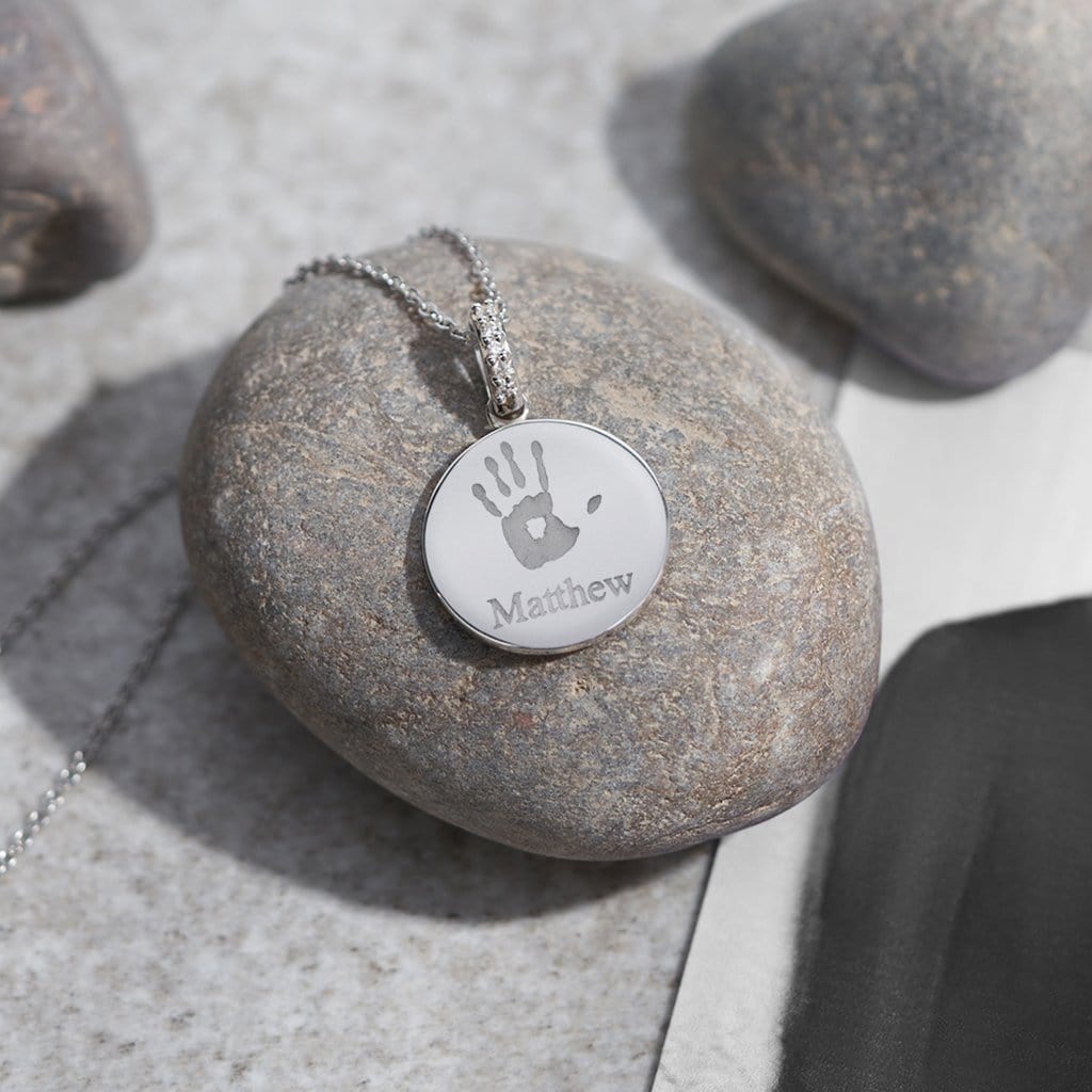 Engraved Round Memorial Handprint or Footprint Pendant with Fine Crystals