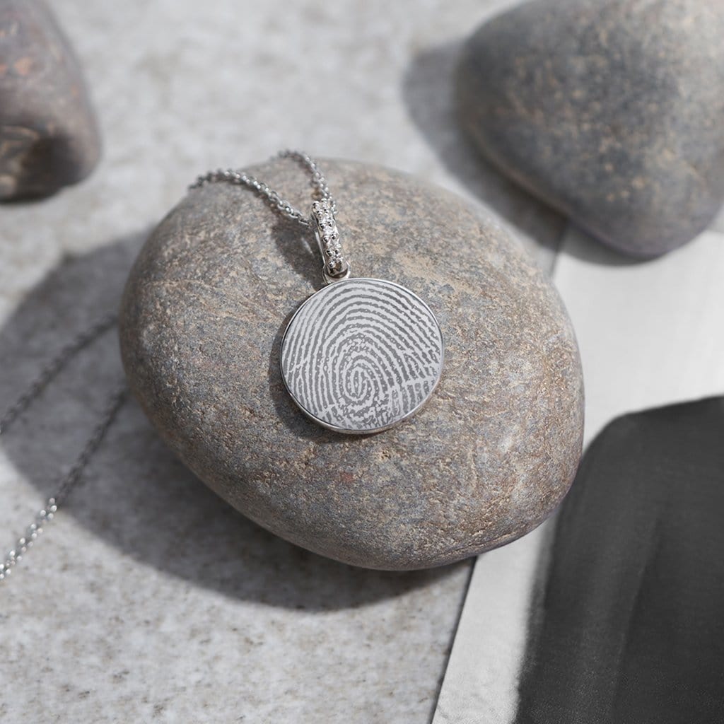 Engraved Round Memorial Fingerprint Pendant with Fine Crystals