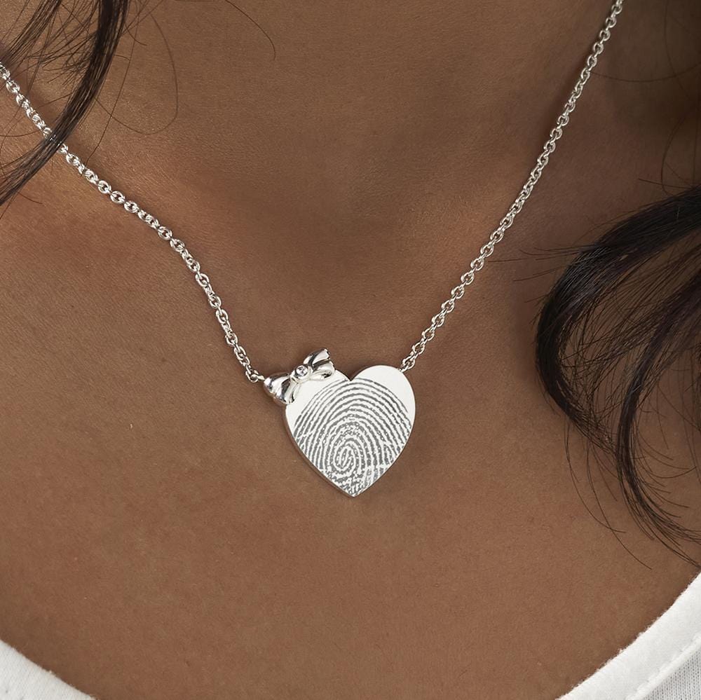 EverWith Engraved Heart and Bow Fingerprint Memorial Necklace with Fine Crystal