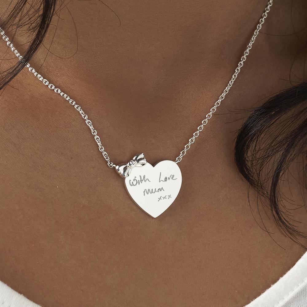 Engraved Heart and Bow Handwriting Memorial Necklace with Fine Crystal