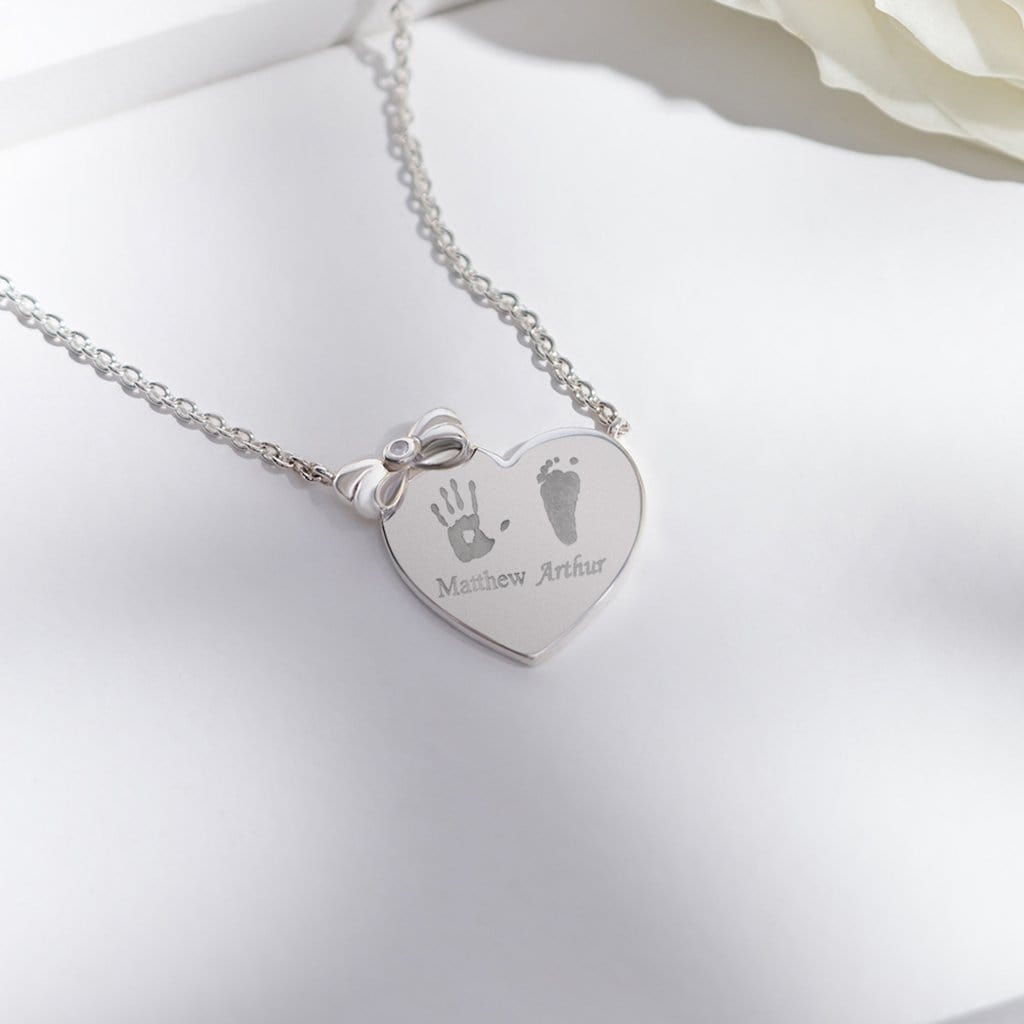 Engraved Heart and Bow Handprint or Footprint Necklace with Fine Crystal