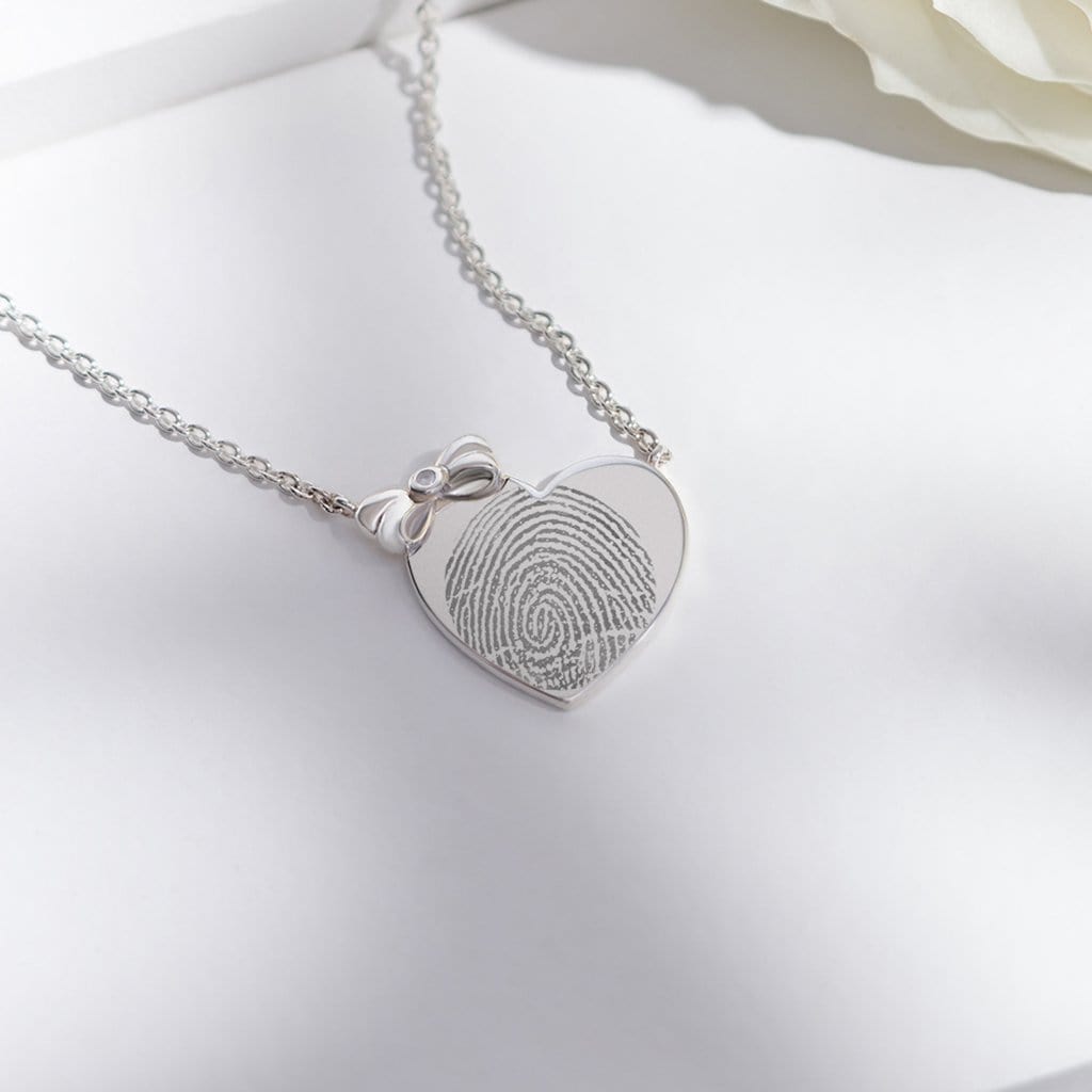 Engraved Heart and Bow Fingerprint Memorial Necklace with Fine Crystal