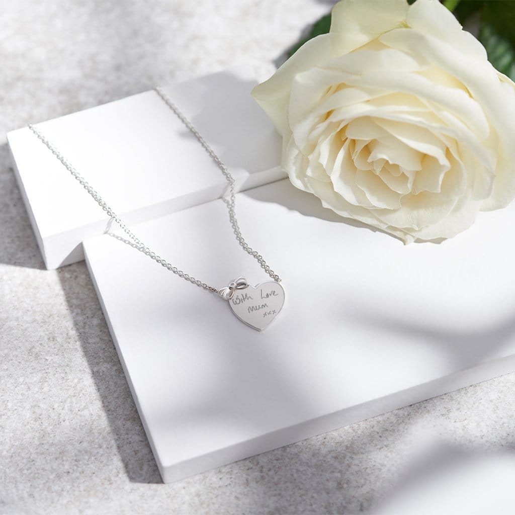 EverWith Engraved Heart and Bow Handwriting Memorial Necklace with Fine Crystal