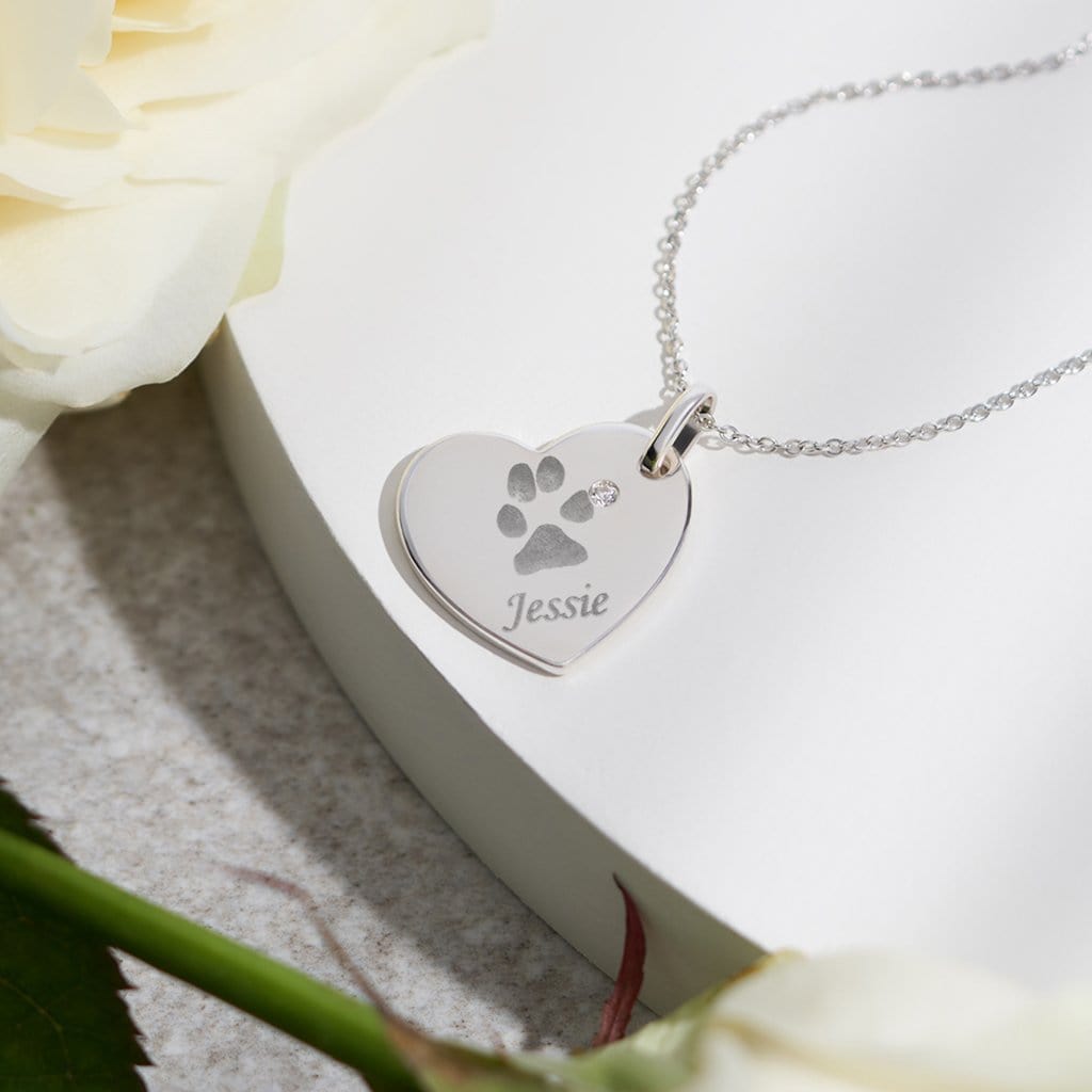 Engraved Heart Pawprint Memorial Pendant with Fine Crystal