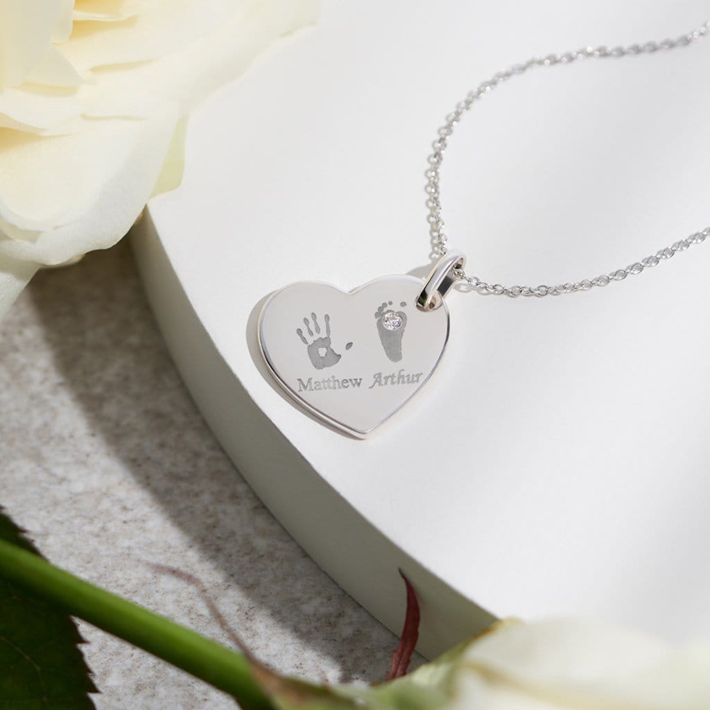Engraved Heart Handprint or Footprint Memorial Pendant with Fine Crystal