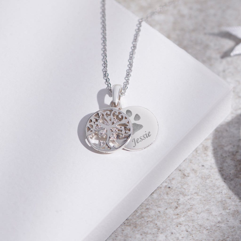 Engraved Small Tree of Life Pawprint Memorial Pendant with Fine Crystal