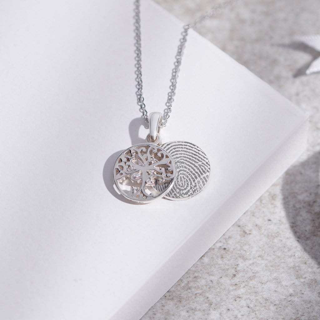 Engraved Small Tree of Life Fingerprint Memorial Pendant with Fine Crystal