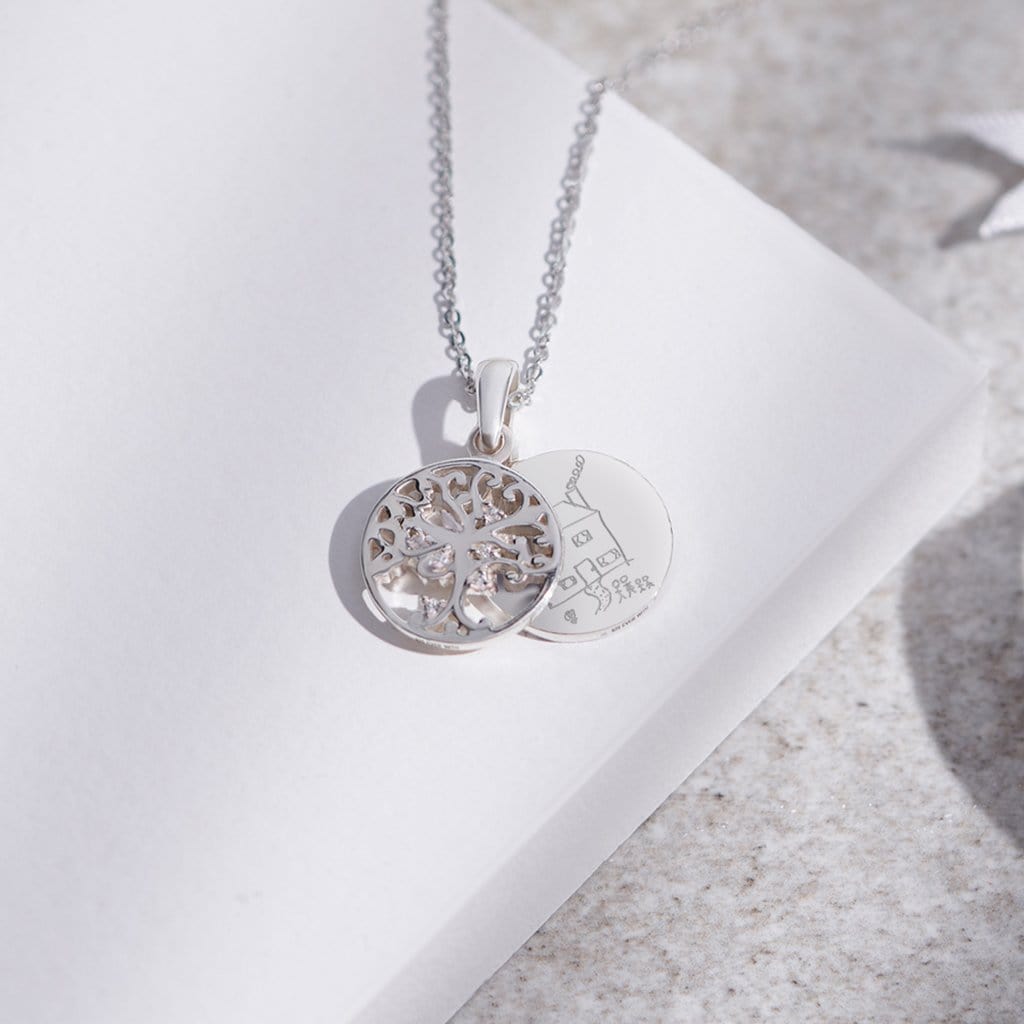 Engraved Small Tree of Life Drawing Memorial Pendant with Fine Crystal