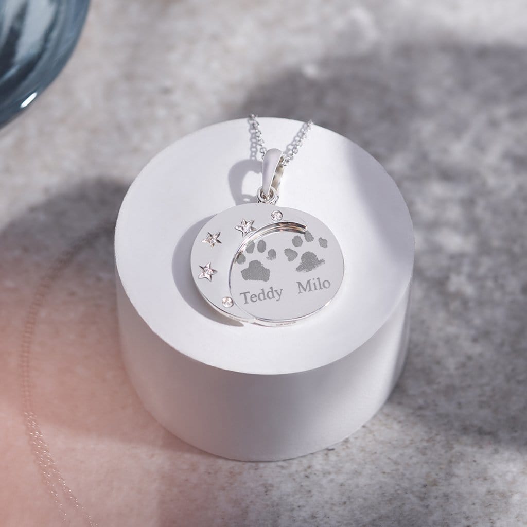 Engraved Moons Pawprint Memorial Pendants with Fine Crystal