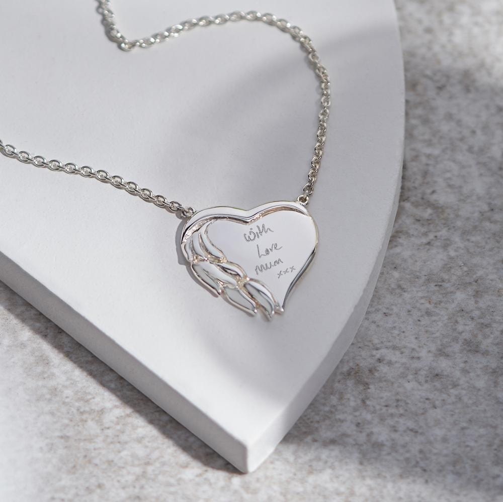 Engraved Winged Heart Handwriting Memorial Necklace