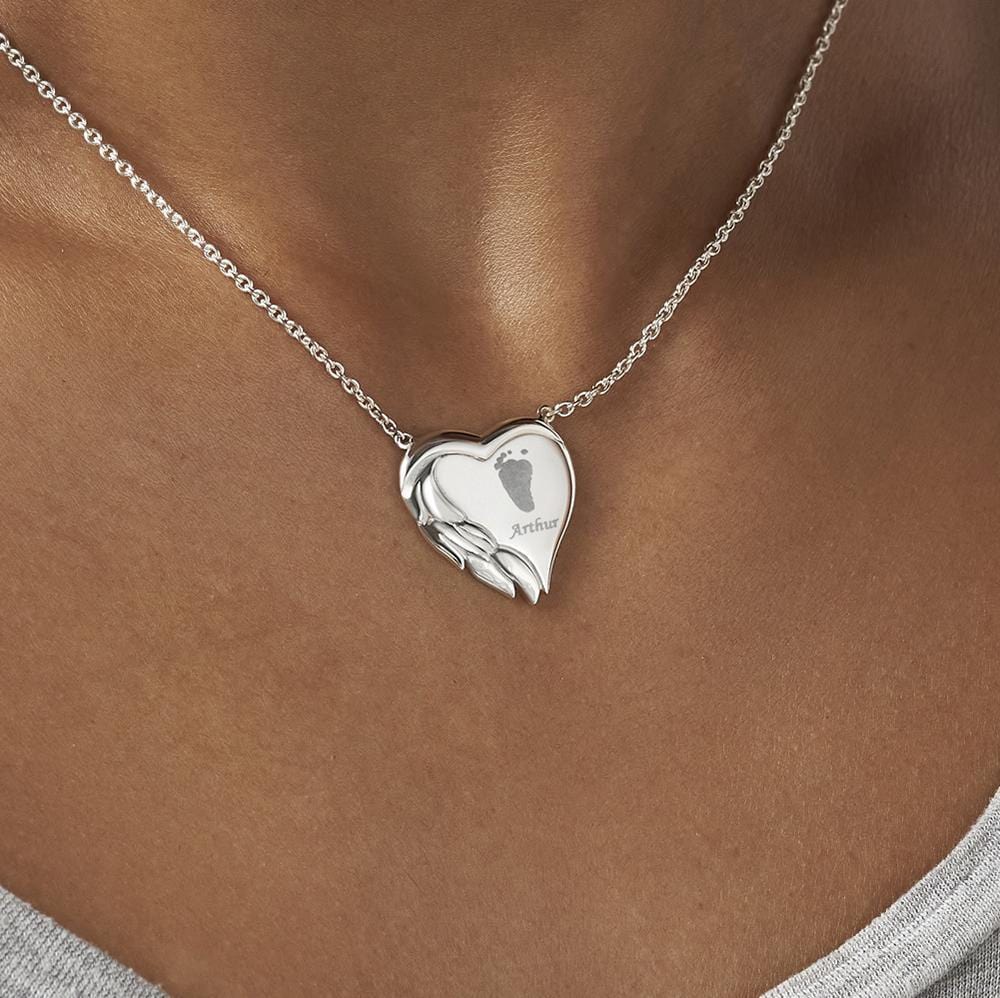 Engraved Winged Heart Handprint or Footprint Memorial Necklace