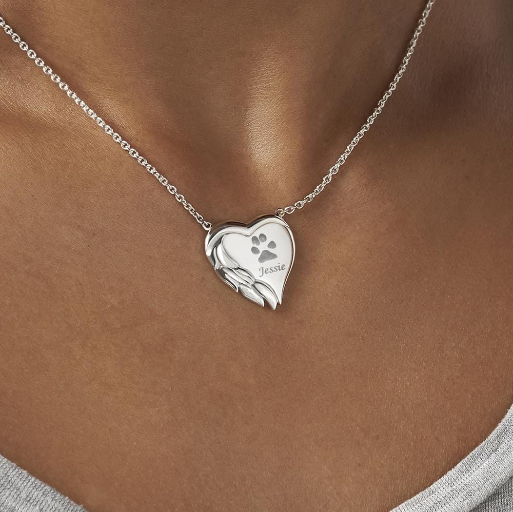 Engraved Winged Heart Pawprint Memorial Necklace