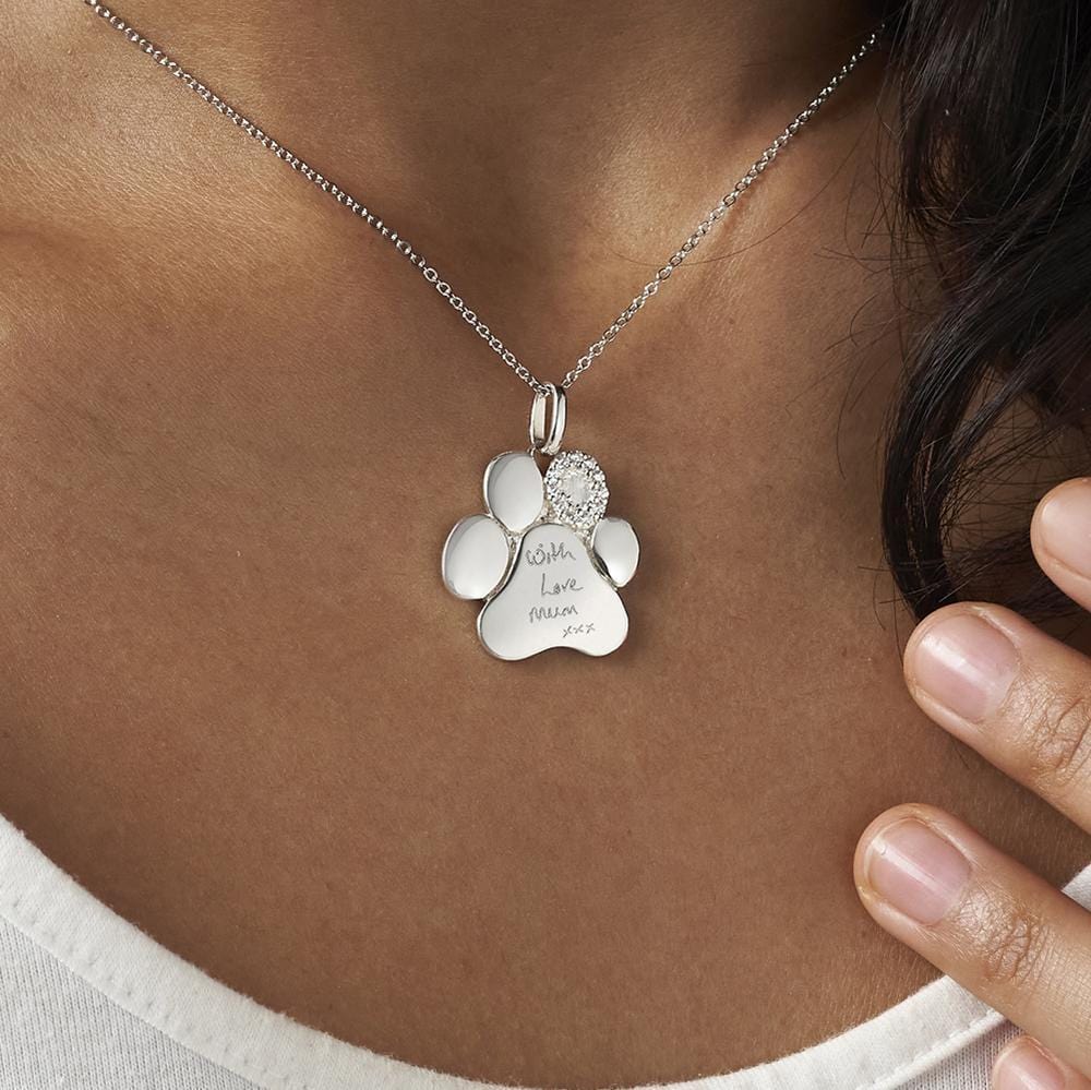 Engraved Paw Print Memorial Handwriting Pendant with Fine Crystals