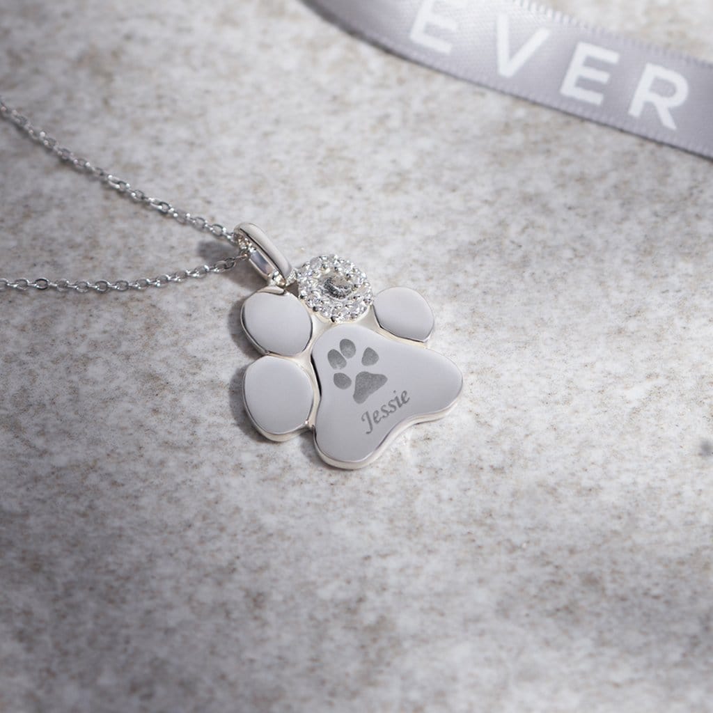 Engraved Paw Print Memorial Pawprint Pendant with Fine Crystals