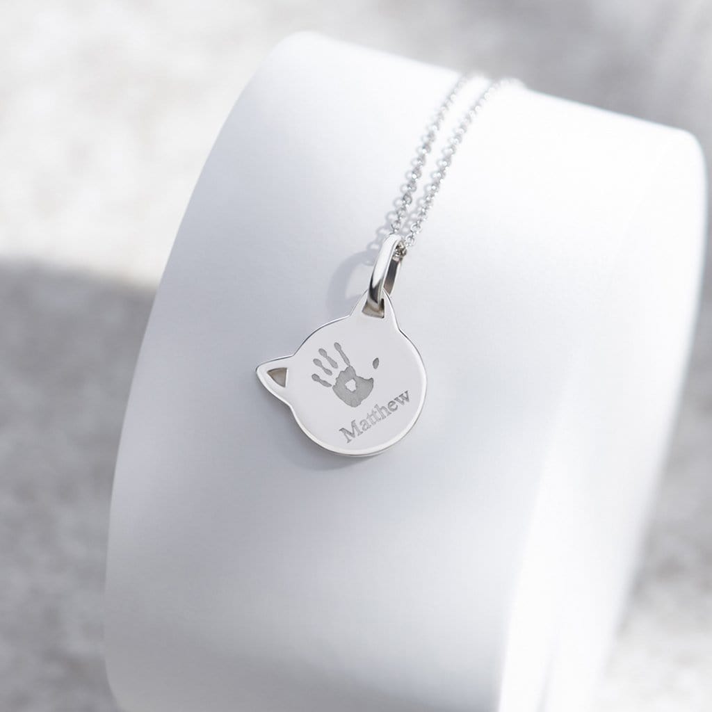 Engraved Cat Handprint or Footprint Memorial Pendant with Fine Crystal