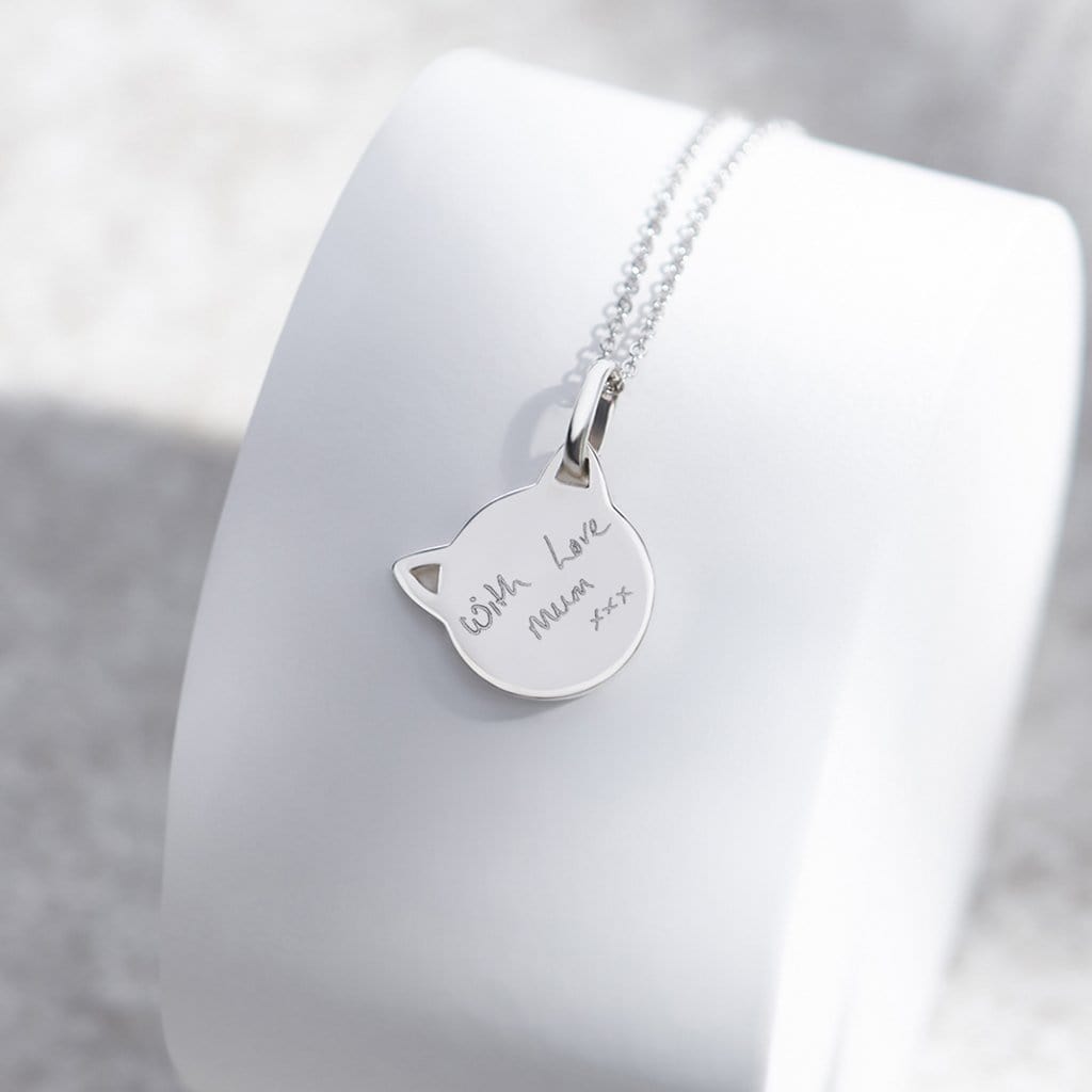 Engraved Cat Handwriting Memorial Pendant with Fine Crystal