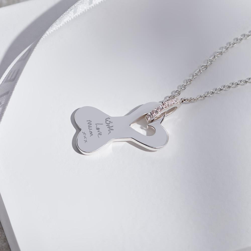 Engraved Dog Bone Handwriting Memorial Necklace with Fine Crystals