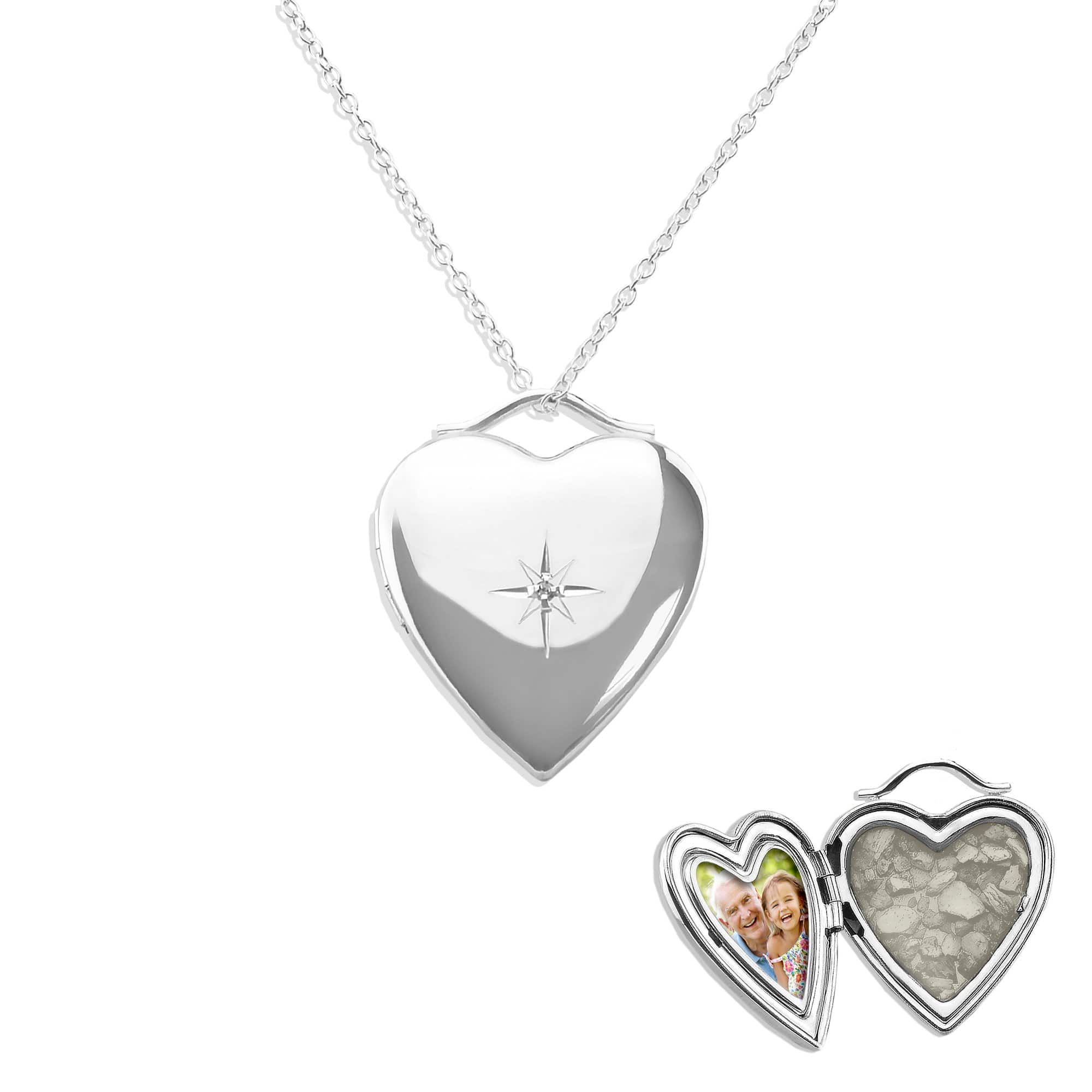 Shining Star Heart Shaped Sterling Silver Memorial Ashes Locket