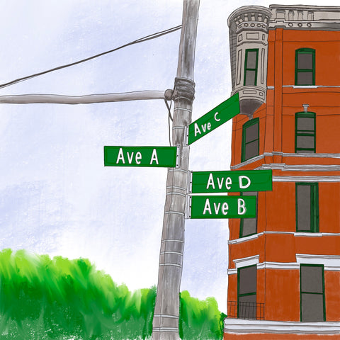 An illustration of Alphabet City in NYC