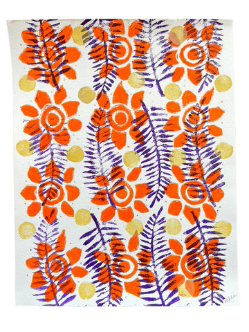Orange flowers block print on paper by Rekha K of DivineNYCo