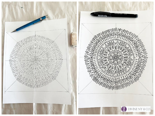 Finished mandala drawings in black and white