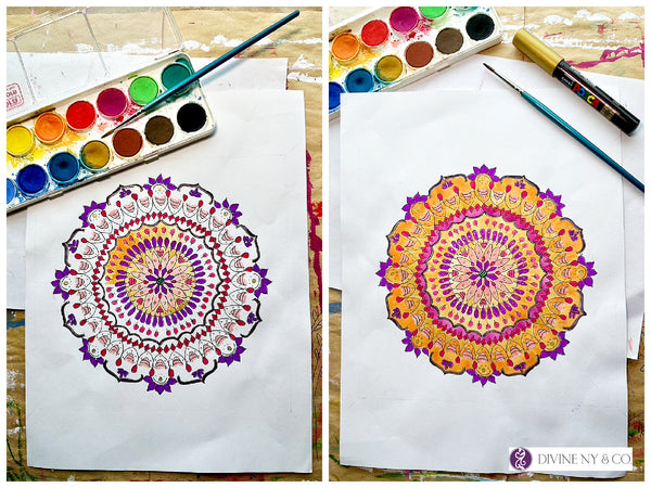 Drawing mandalas in color with brush markers and watercolor paint