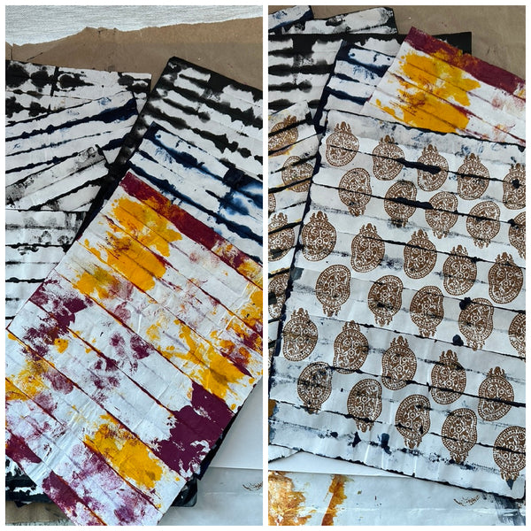 Shibori dyeing technique and stamping applied to rice paper