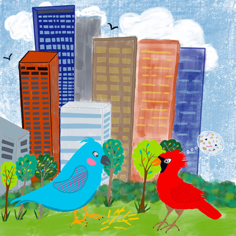 Children's Book Illustration of City Bird and Country Bird