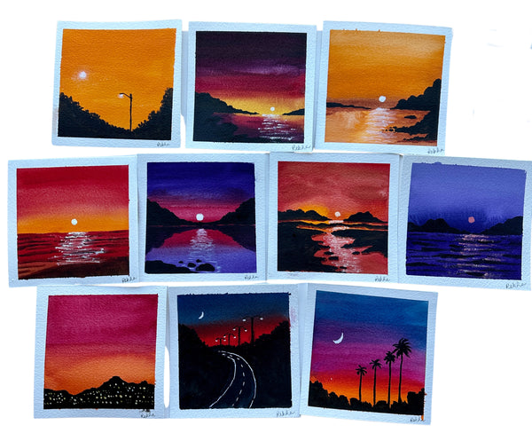 My weekend creative projects:  10 watercolor sunsets