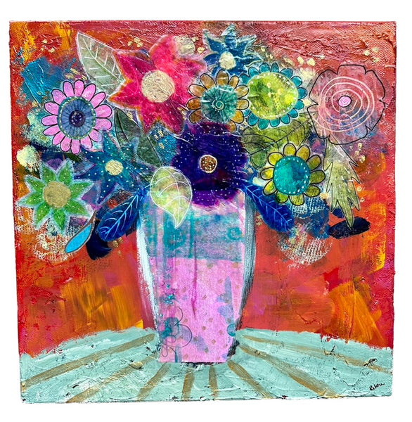 Original, one-of-a-kind mixed media collage, Flower Boquet