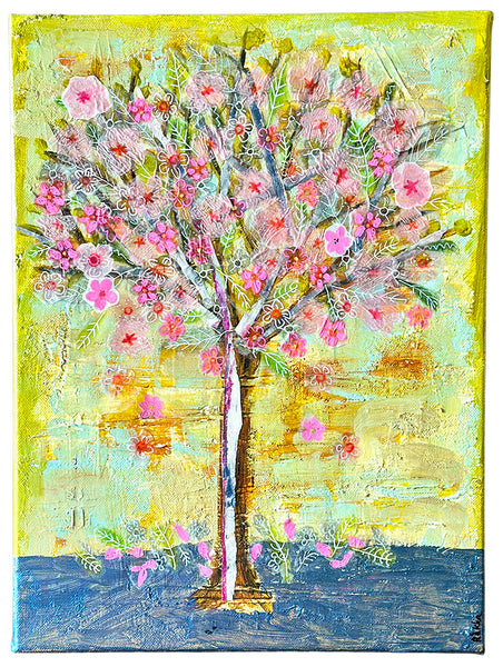 Cherry Blossom, mixed media art on stretched canvas