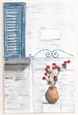A watercolor sketch of a windowsill with a flower plant