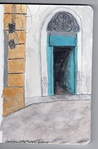 A watercolor sketch of a doorway in Panama