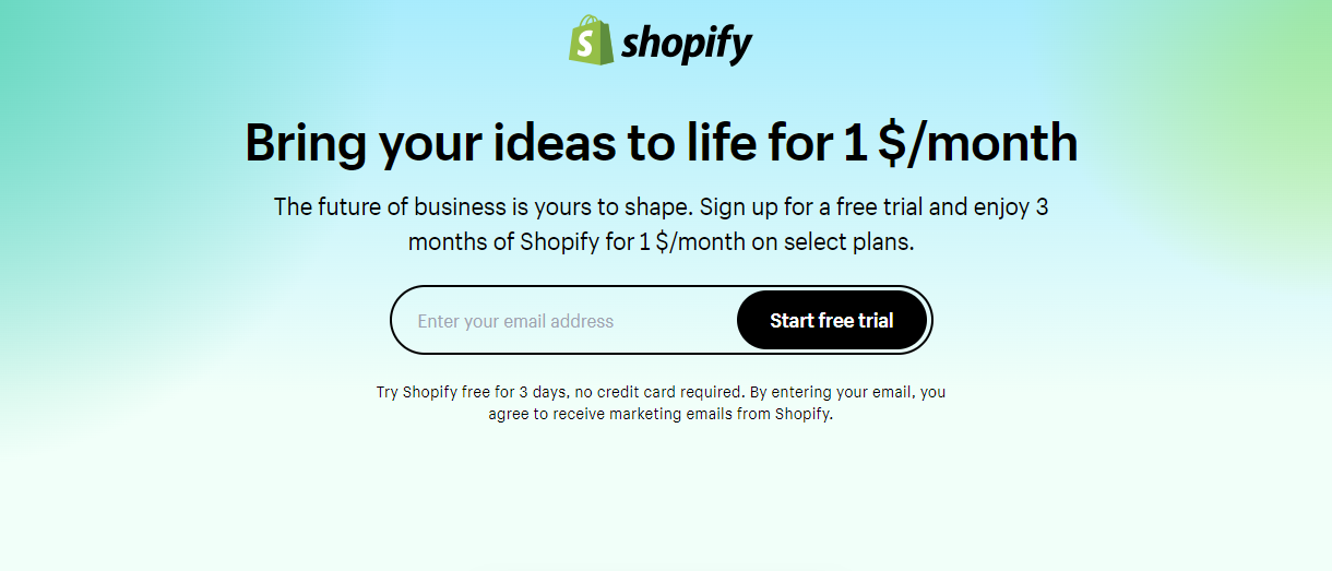 Sign up for Shopify $1 3 months