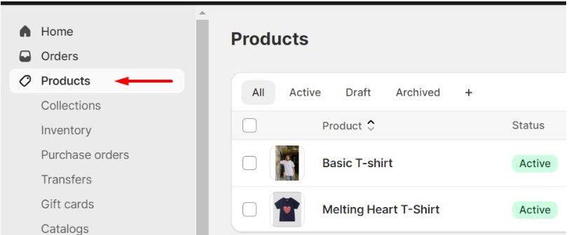 Go to "Products" via your Shopify admin page and click "All products."