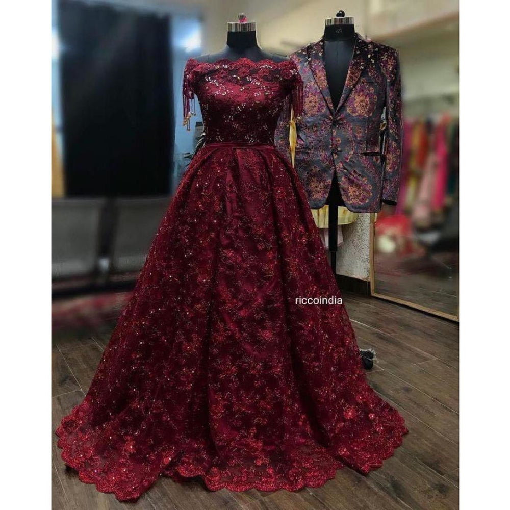 maroon color long gown