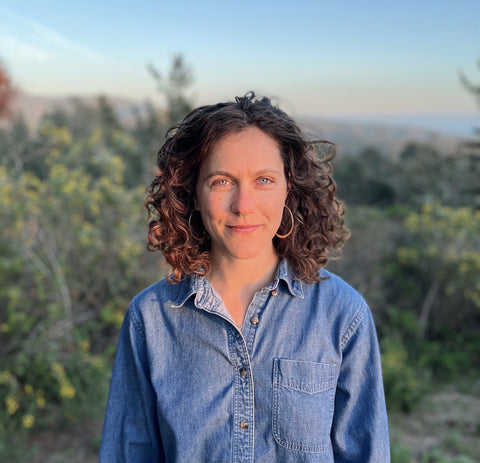 White person looks at camera with calm and inviting gaze, blue eyes, brown curly hair, blue jean shirt, and a sunset behind her.