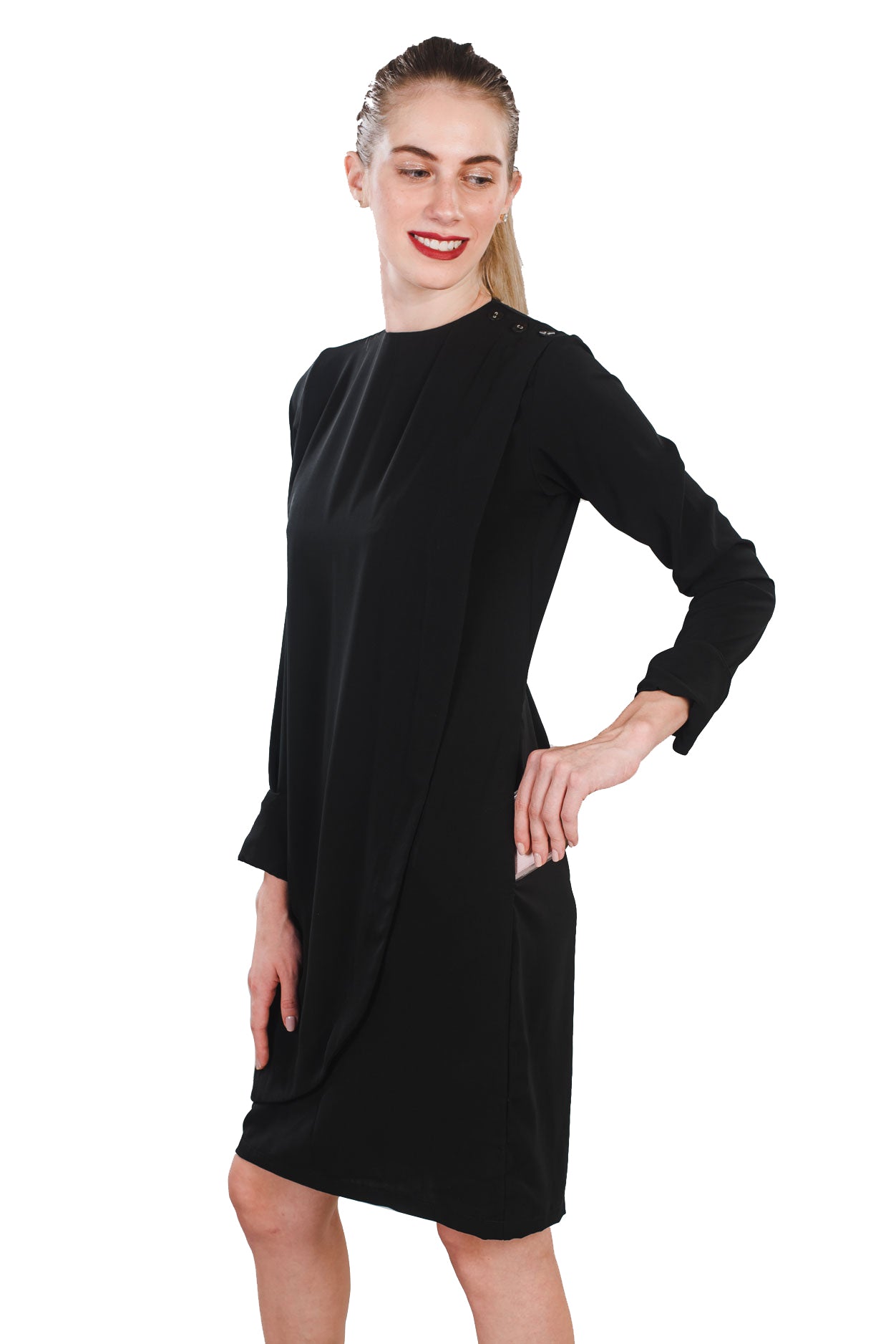 Christine- women's formal black dress with pockets for work- Modreine ...