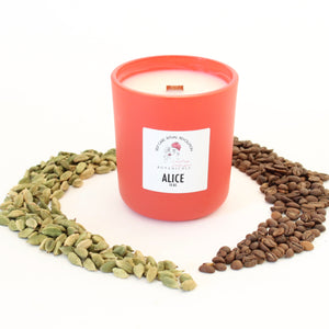ALICE Hand Poured Candle. Coffee. Cardamom. Cacao. Brown Sugar. Wood Wick. 13 oz. Persimmon. Large.