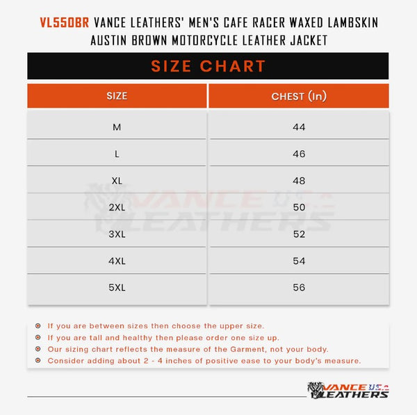 Vance Leathers Austin Brown lambskin cafe racer motorcycle jacket sizing chart