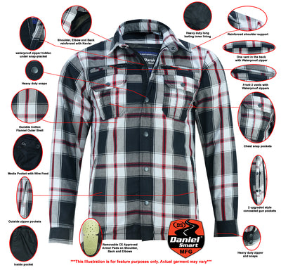 Daniel Smart Mfg. armored flannel motorcycle jacket black white and red features