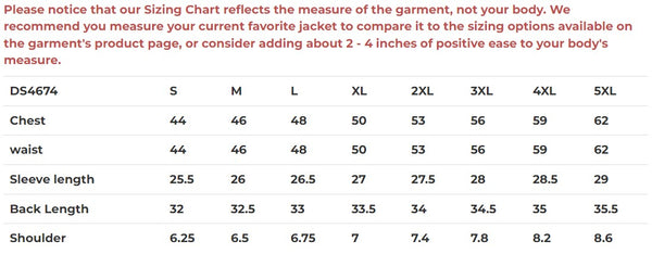 Daniel Smart Mfg. armored motorcycle flannel shirt sizing chart