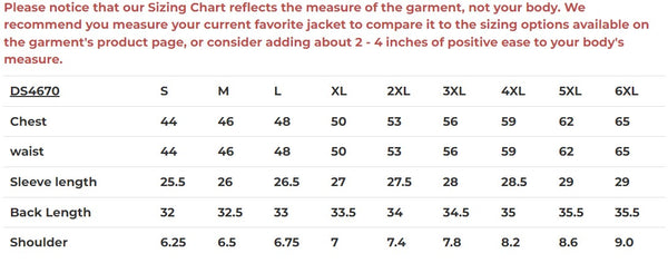 Daniel Smart Mfg. armored flannel motorcycle shirt sizing chart