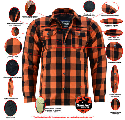 Daniel Smart Mfg. armored flannel motorcycle jacket orange features