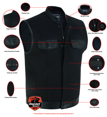 Daniel Smart Mfg. men's canvas motorcycle vest with leather trim features