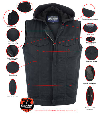 Daniel Smart Mfg. black denim motorcycle vest with removable hood features